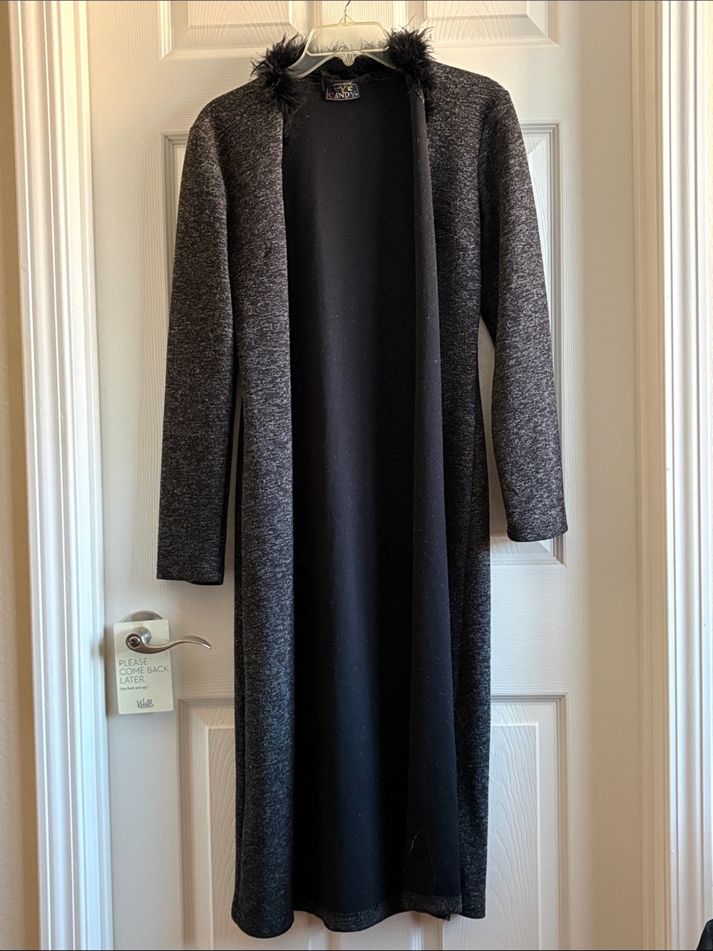 eye candy Long Black & Charcoal Open Front Coat with Faux Fur Collar
